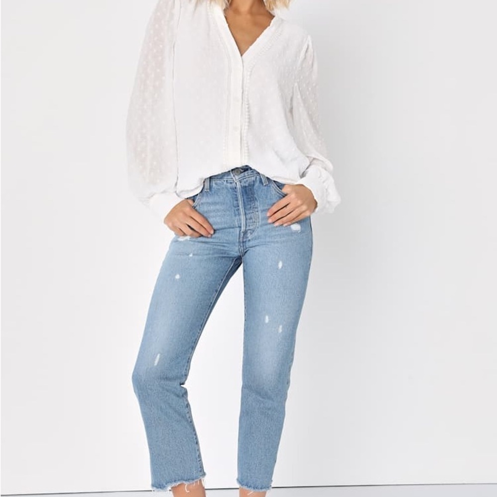 Lulu's Delightful Charm White Swiss Dot Button-Up Long Sleeve Top - Picture 5 of 5